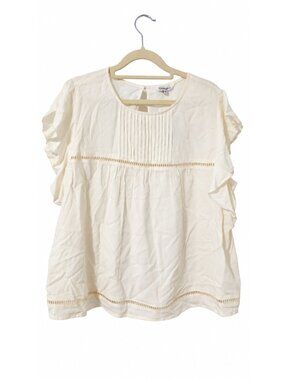 George Womens L Ivory Blouse Flutter Sleeve Pleated Boho Crochet Trim Top NWT